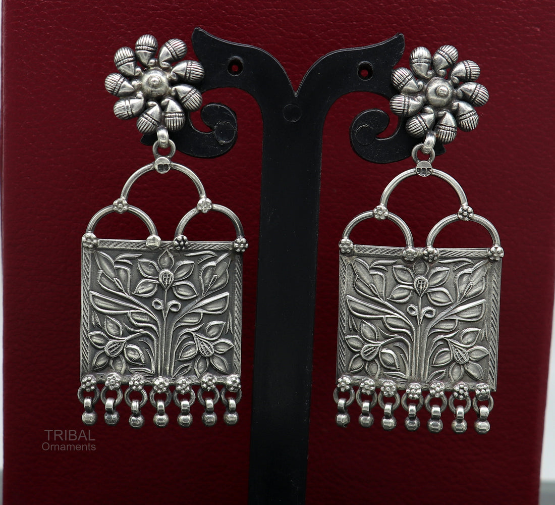 925 sterling silver handmade vintage antique floral design excellent customized stud earring gorgeous hanging drops tribal earrings s961 - TRIBAL ORNAMENTS