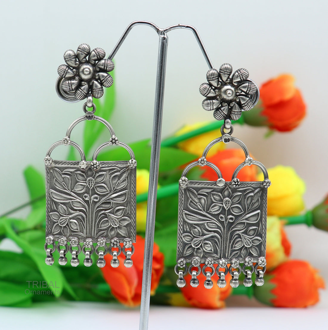 925 sterling silver handmade vintage antique floral design excellent customized stud earring gorgeous hanging drops tribal earrings s961 - TRIBAL ORNAMENTS