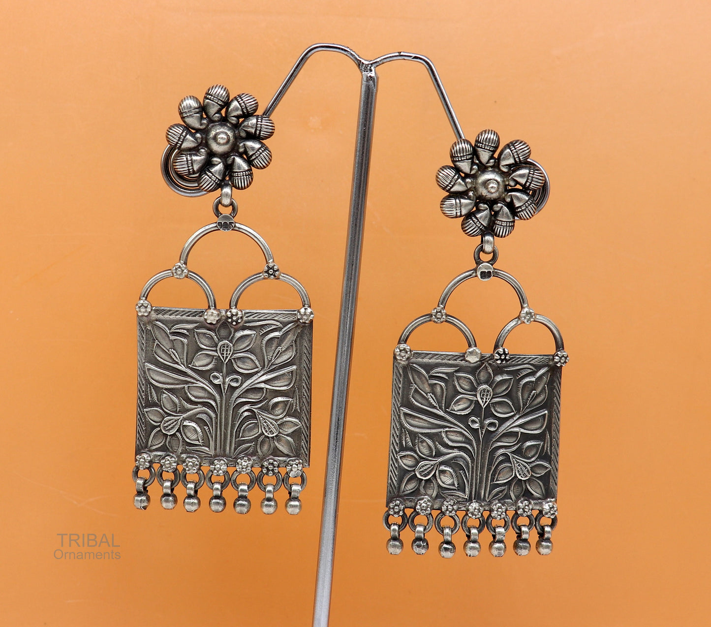 925 sterling silver handmade vintage antique floral design excellent customized stud earring gorgeous hanging drops tribal earrings s961 - TRIBAL ORNAMENTS