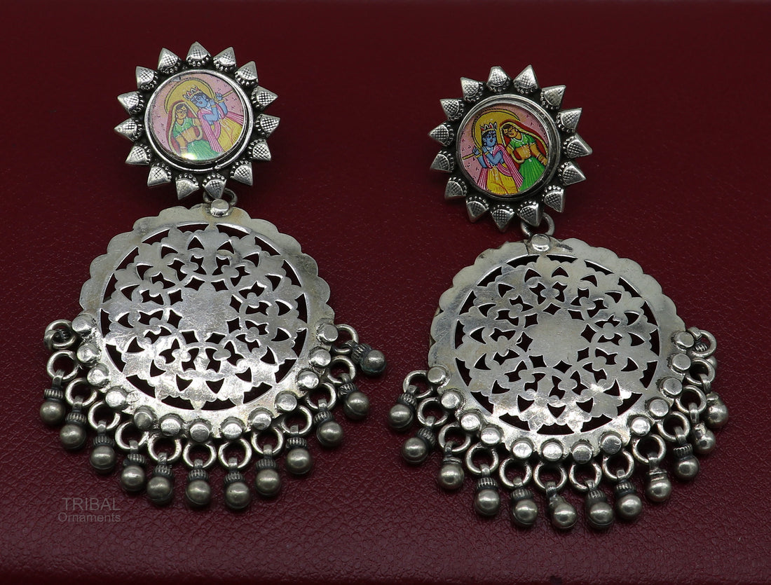 925 sterling silver drop dangle heavy look stud earring with exclusive Radha krishna panting, fabulous unique wedding brides earrings s968 - TRIBAL ORNAMENTS