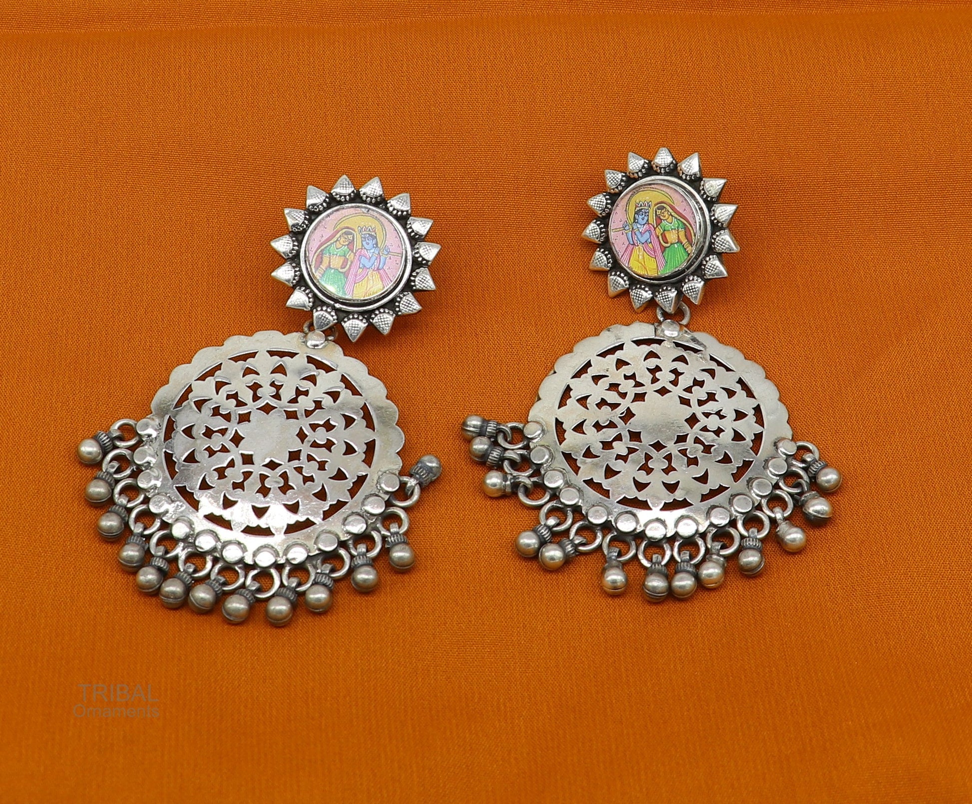 925 sterling silver drop dangle heavy look stud earring with exclusive Radha krishna panting, fabulous unique wedding brides earrings s968 - TRIBAL ORNAMENTS