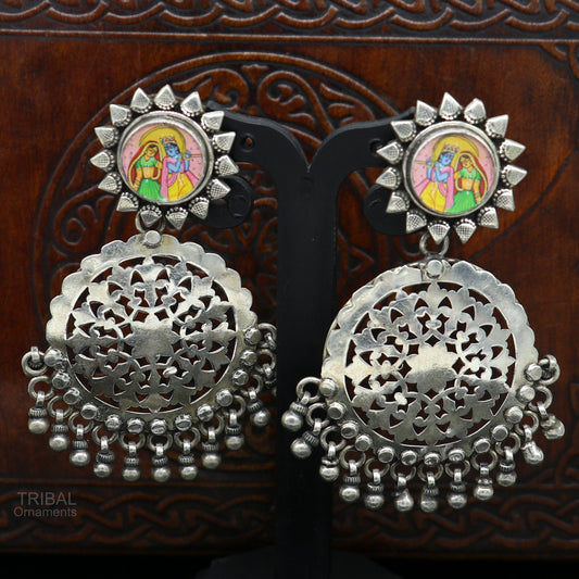 925 sterling silver drop dangle heavy look stud earring with exclusive Radha krishna panting, fabulous unique wedding brides earrings s968 - TRIBAL ORNAMENTS