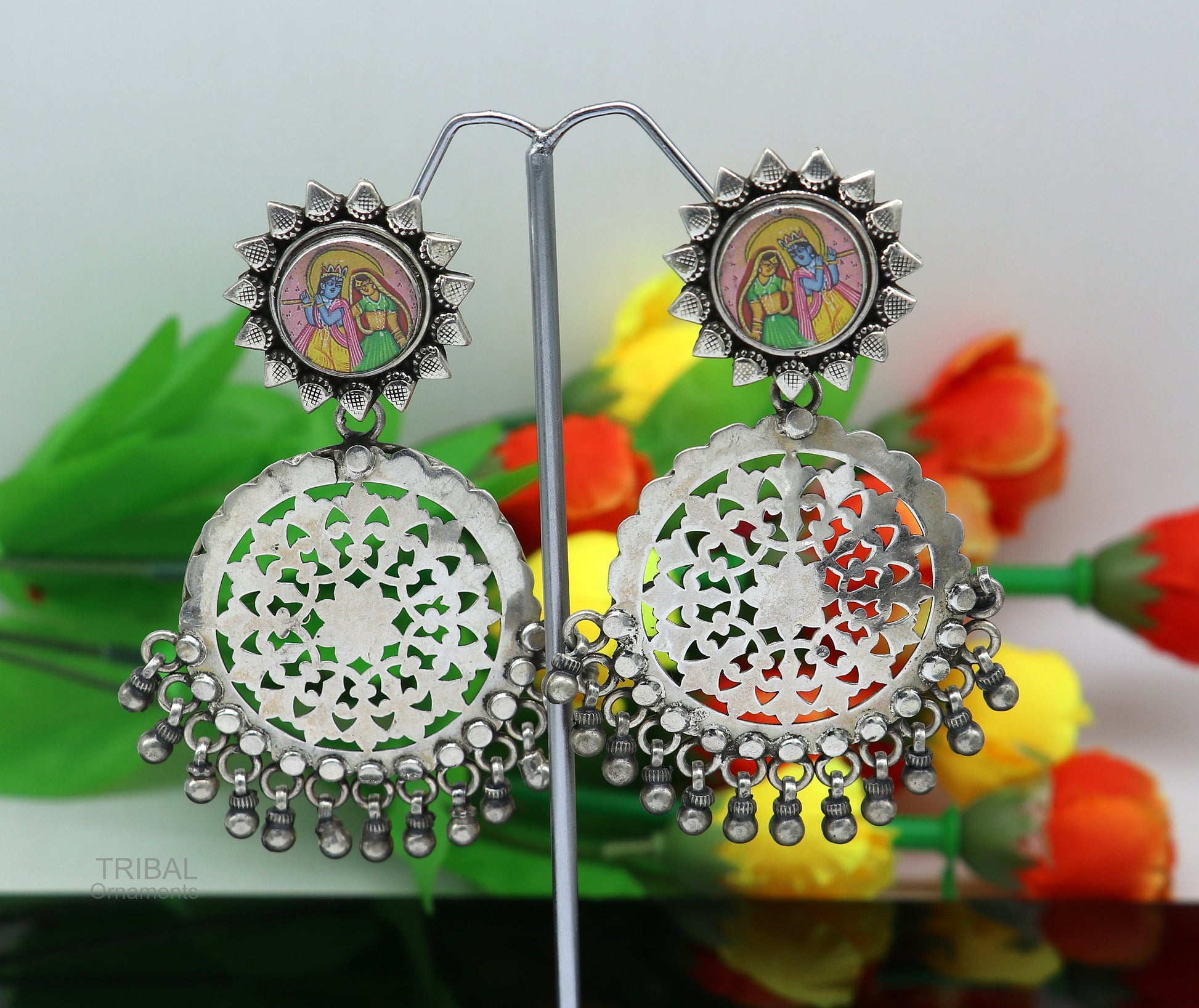 925 sterling silver drop dangle heavy look stud earring with exclusive Radha krishna panting, fabulous unique wedding brides earrings s968 - TRIBAL ORNAMENTS