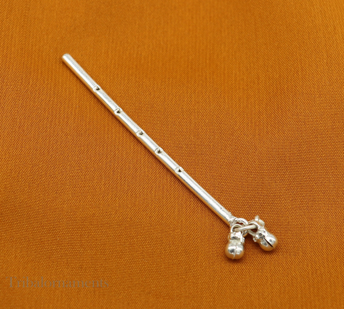 Plain krishna Flute Solid sterling silver handmade krishna flute, silver bansuri, laddu gopala flute, little krishna flute puja art su577 - TRIBAL ORNAMENTS