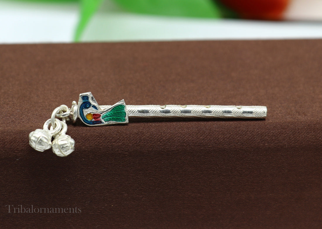 Peacock design Krishna Flute sterling silver handmade Krishna flute, silver Bansuri, Baby Gopala flute, little krishna flute puja art su578 - TRIBAL ORNAMENTS