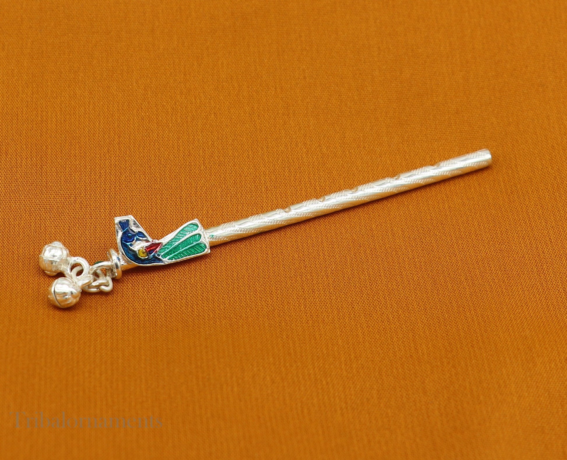 8cm sterling silver handmade Peacock design Krishna flute, silver Bansuri, Baby Gopala flute, little krishna flute puja art su580 - TRIBAL ORNAMENTS