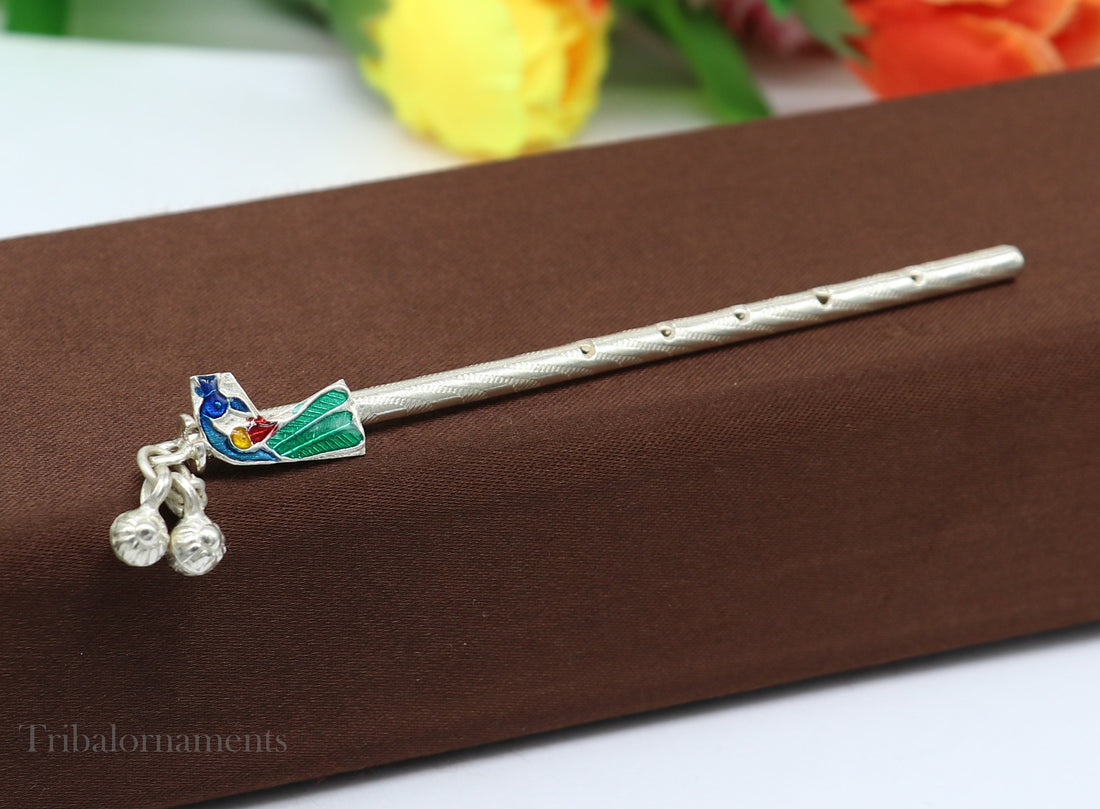 9cm long sterling silver handmade Peacock design Krishna flute, silver Bansuri, Baby Gopala flute, little krishna flute puja art su581 - TRIBAL ORNAMENTS