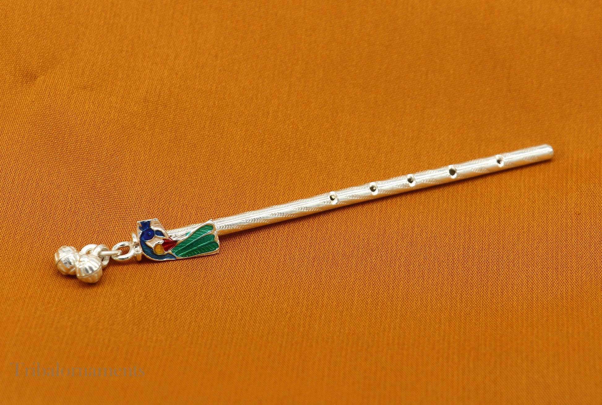 9cm long sterling silver handmade Peacock design Krishna flute, silver Bansuri, Baby Gopala flute, little krishna flute puja art su581 - TRIBAL ORNAMENTS