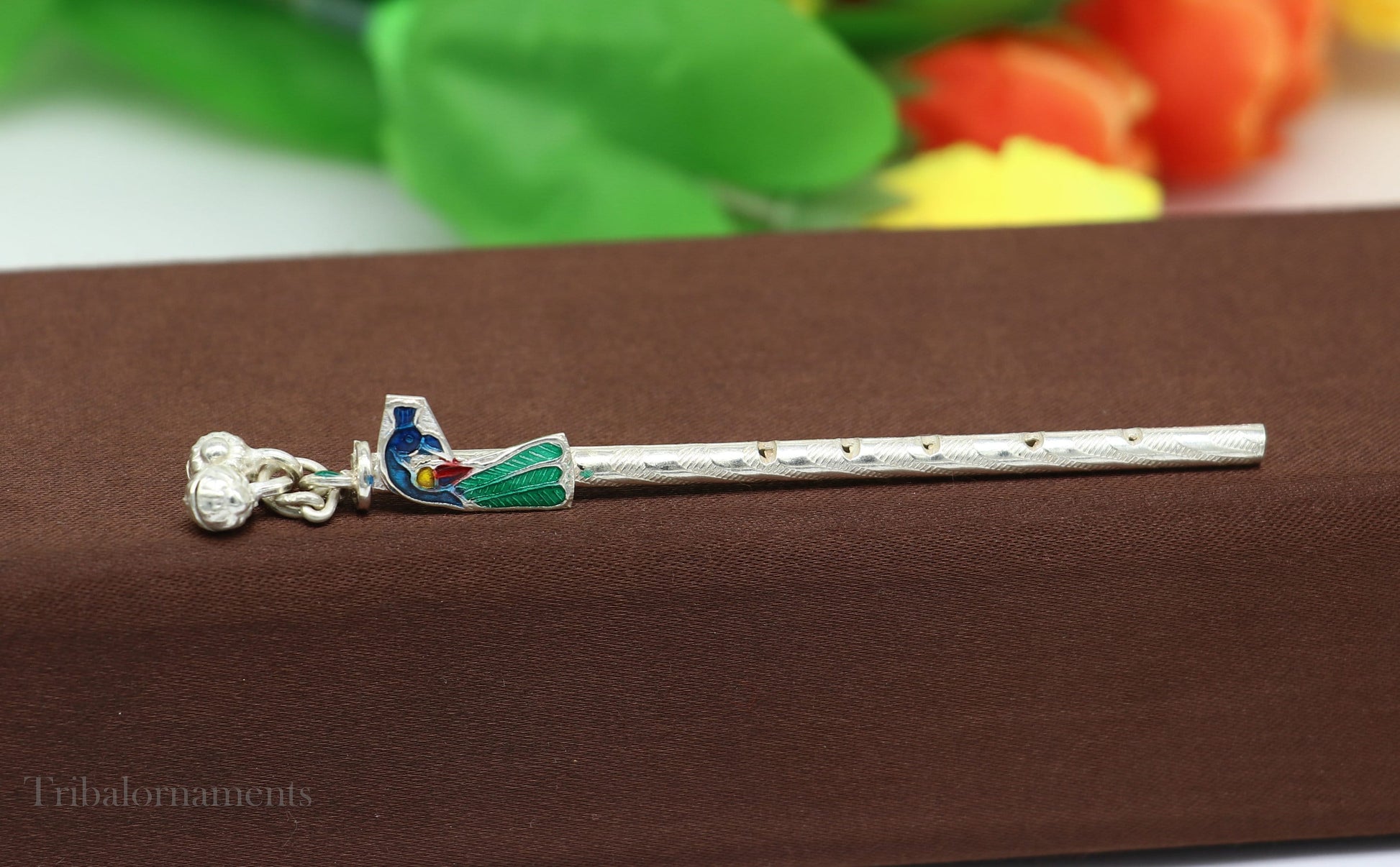 9cm long sterling silver handmade Peacock design Krishna flute, silver Bansuri, Baby Gopala flute, little krishna flute puja art su581 - TRIBAL ORNAMENTS