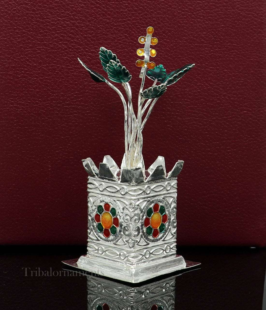 925 sterling silver handmade mini holy Tulsi plant basil rosary plant for puja temple article, excellent silver utensils article su582 - TRIBAL ORNAMENTS