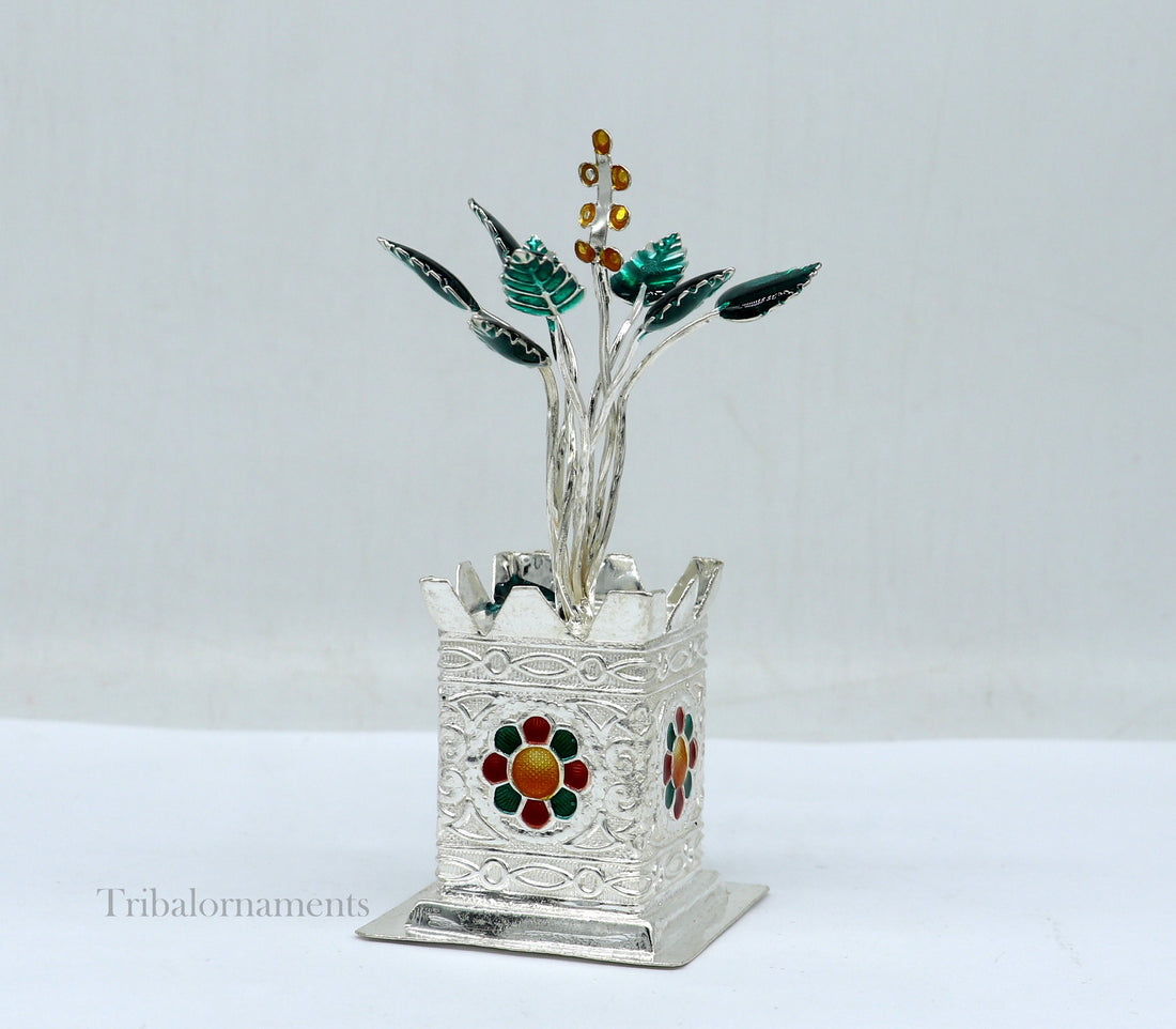 925 sterling silver handmade mini holy Tulsi plant basil rosary plant for puja temple article, excellent silver utensils article su582 - TRIBAL ORNAMENTS