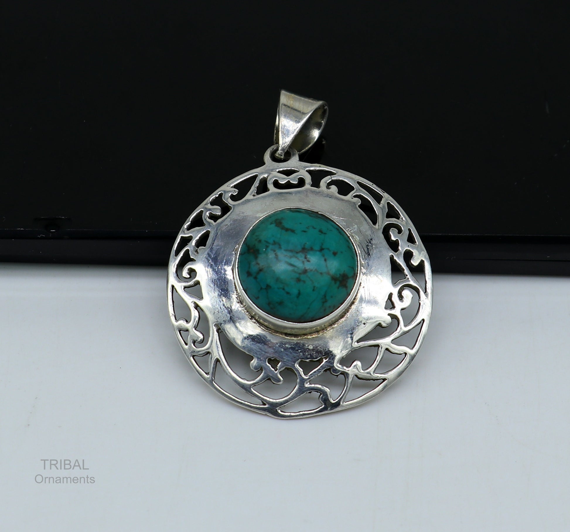 925 sterling silver handmade fabulous antique stylish turquoise stone pendant pretty attractive tribal jewelry from india nsp443 - TRIBAL ORNAMENTS