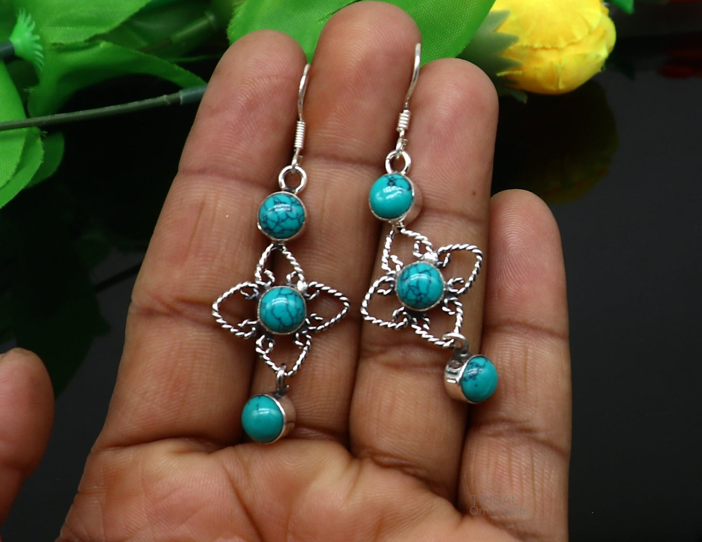 925 sterling silver hoops earring, gorgeous Blue turquoise stone charm earring excellent gifting brides earring party jewelry s993 - TRIBAL ORNAMENTS