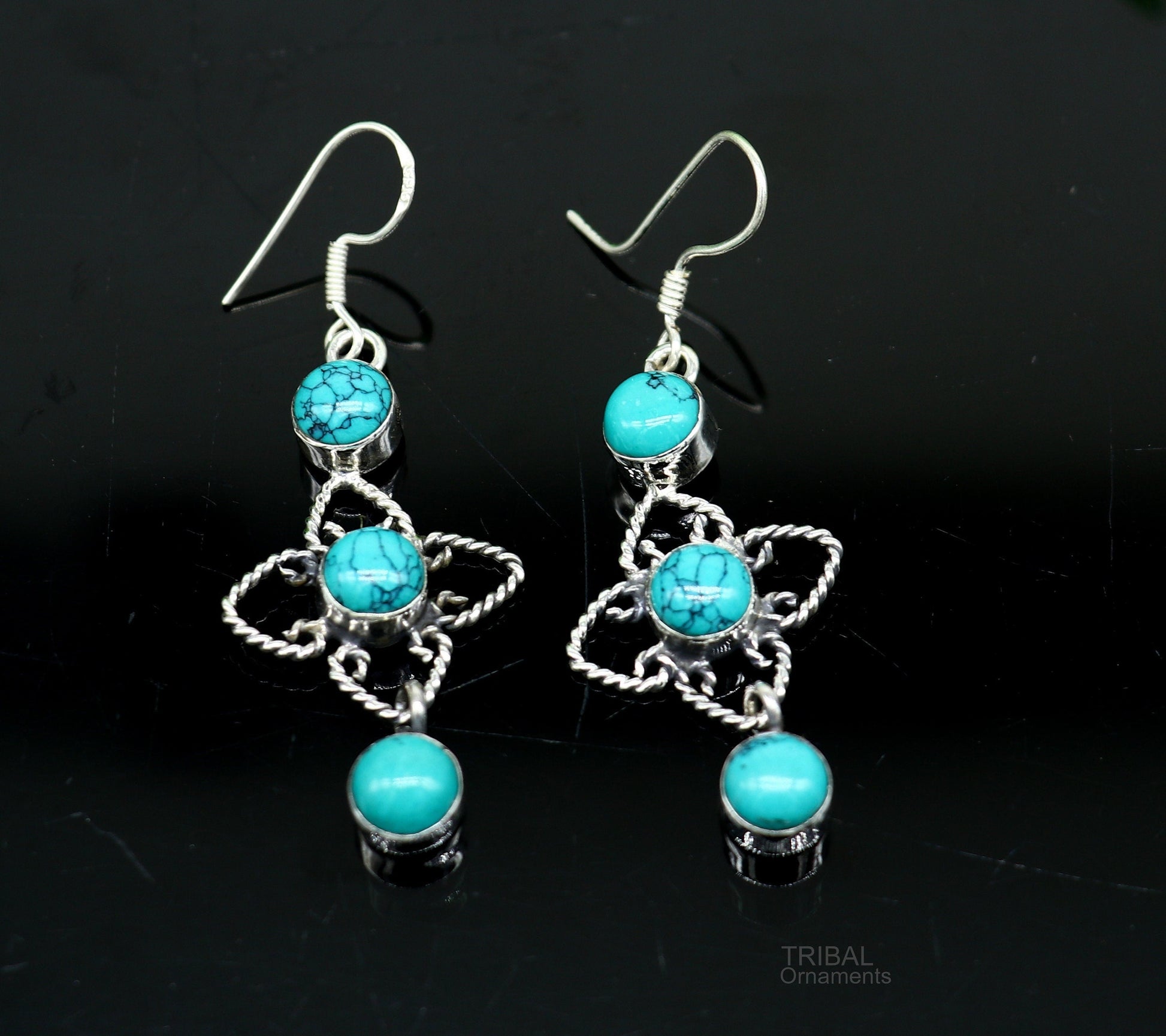 925 sterling silver hoops earring, gorgeous Blue turquoise stone charm earring excellent gifting brides earring party jewelry s993 - TRIBAL ORNAMENTS