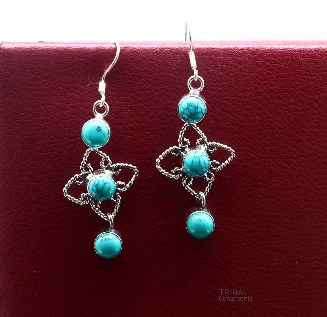 925 sterling silver hoops earring, gorgeous Blue turquoise stone charm earring excellent gifting brides earring party jewelry s993 - TRIBAL ORNAMENTS