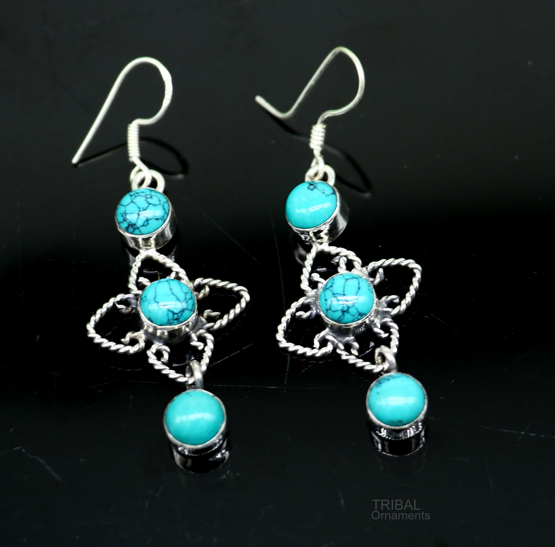 925 sterling silver hoops earring, gorgeous Blue turquoise stone charm earring excellent gifting brides earring party jewelry s993 - TRIBAL ORNAMENTS