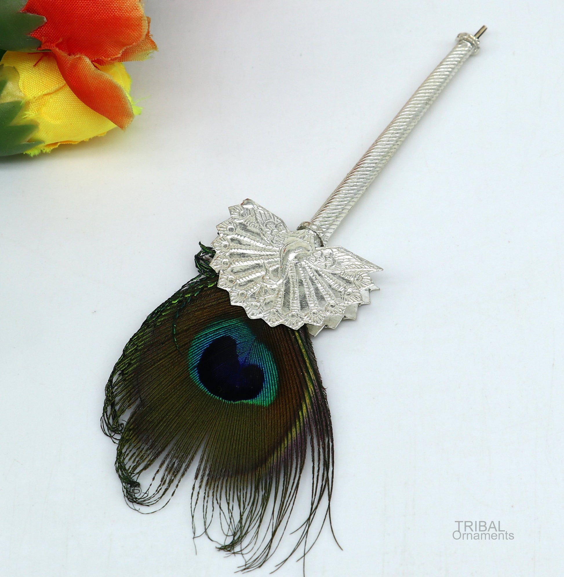 Vintage antique style handmade Mor chhadi, with peacock feather, best lord krishna laddu gopal gift, silver pankhi silver mor chadi su602 - TRIBAL ORNAMENTS