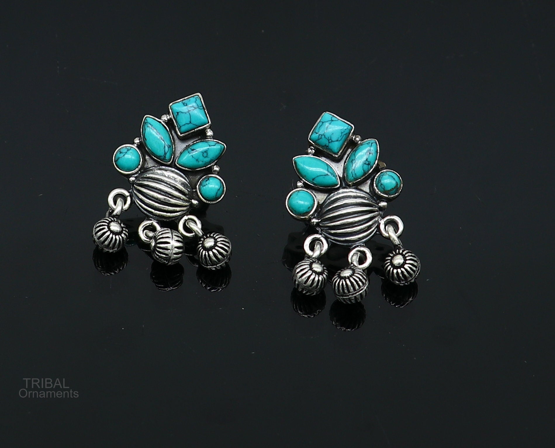 Gorgeous blue Turquoise stone Vintage stylish design customized hanging bells 925 sterling silver stud earring, best bride jewelry s1002 - TRIBAL ORNAMENTS