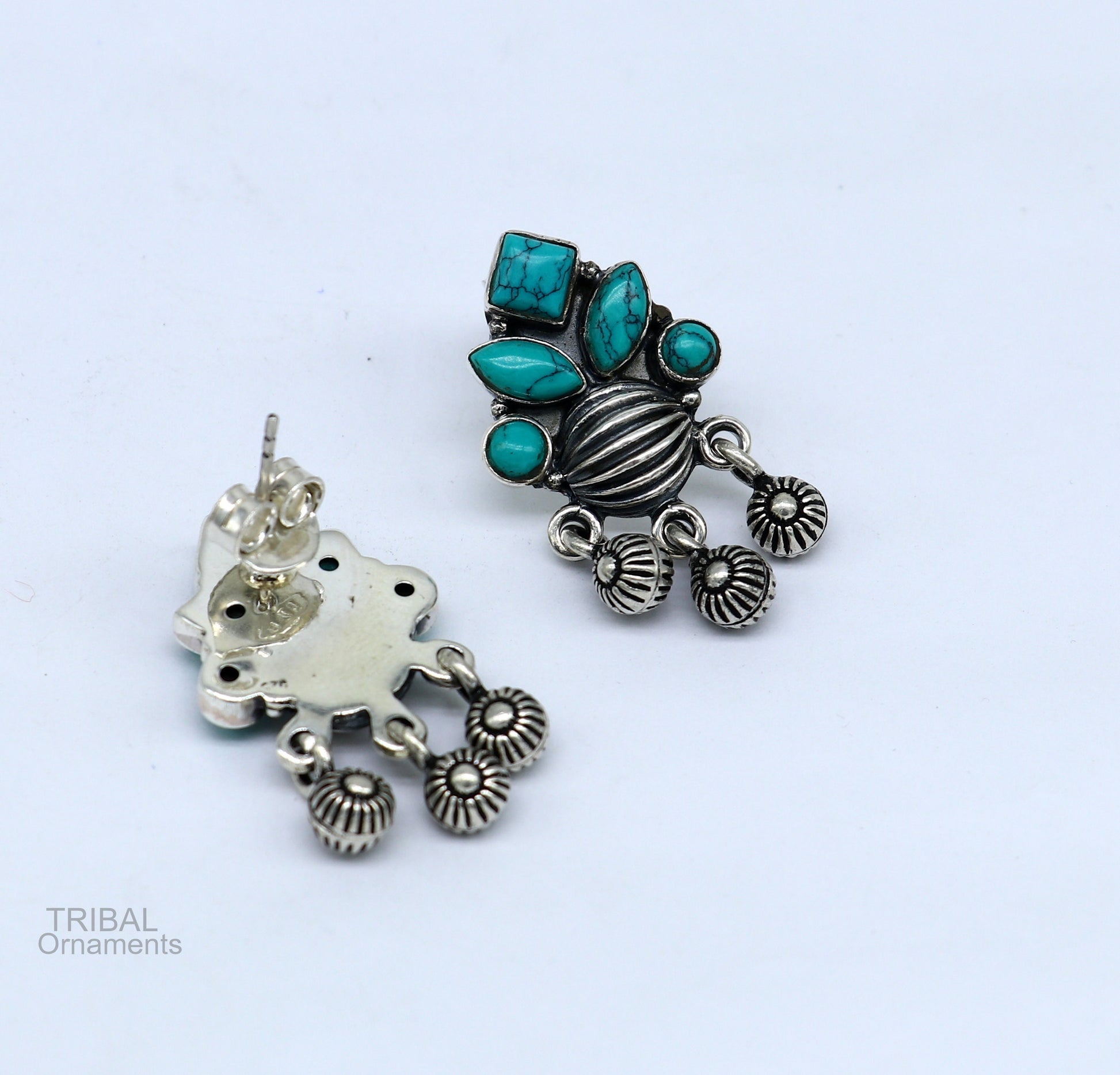 Gorgeous blue Turquoise stone Vintage stylish design customized hanging bells 925 sterling silver stud earring, best bride jewelry s1002 - TRIBAL ORNAMENTS