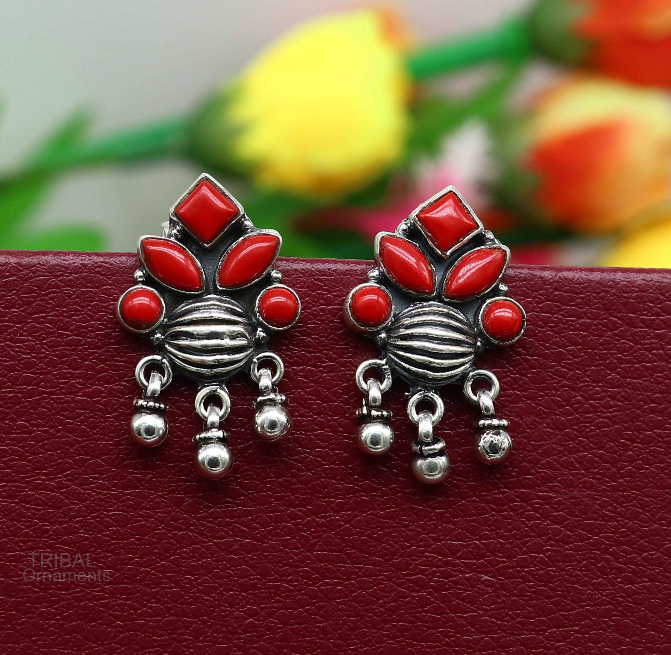Buy Rich  Famous Silver Oxidised Stud Earrings In Red Color Flower Design  For Girls And Women Online at Best Prices in India  JioMart