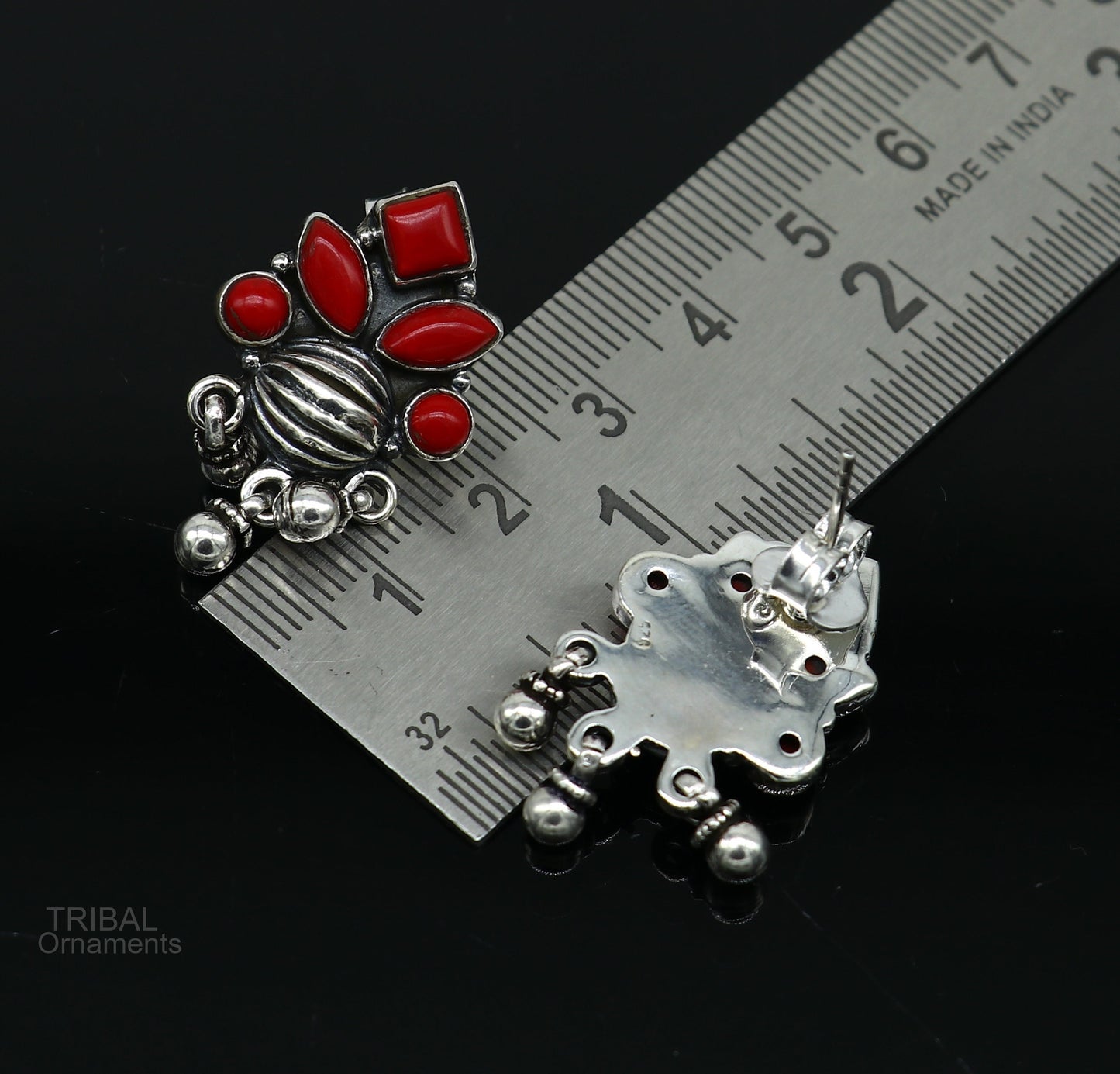 Vintage stylish design customized hanging drops 925 sterling silver stud earring with red coral stone, best bride jewelry s1003 - TRIBAL ORNAMENTS
