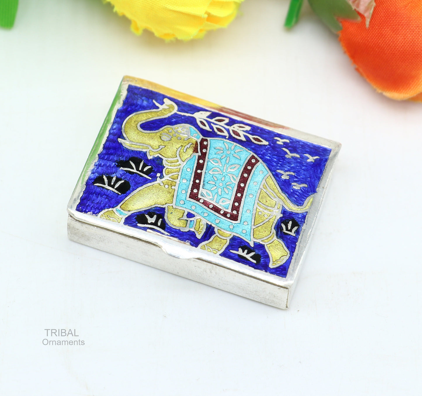 925 Sterling silver handmade trinket box, solid container box, casket box, sindoor box, enamel elephant work customized gifting box stb333 - TRIBAL ORNAMENTS
