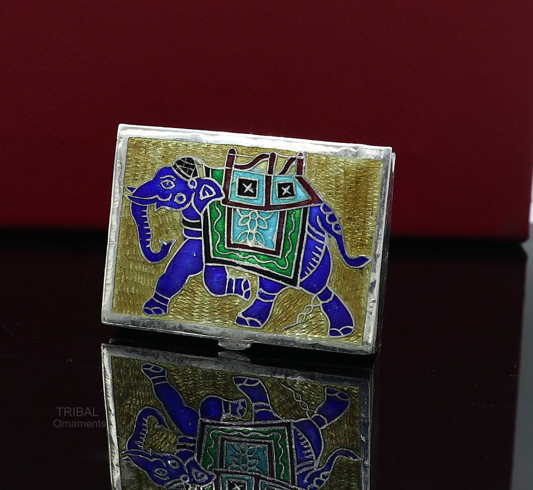 925 Sterling silver handmade trinket box, solid container box, casket box, sindoor box, enamel elephant work customized gifting box stb335 - TRIBAL ORNAMENTS