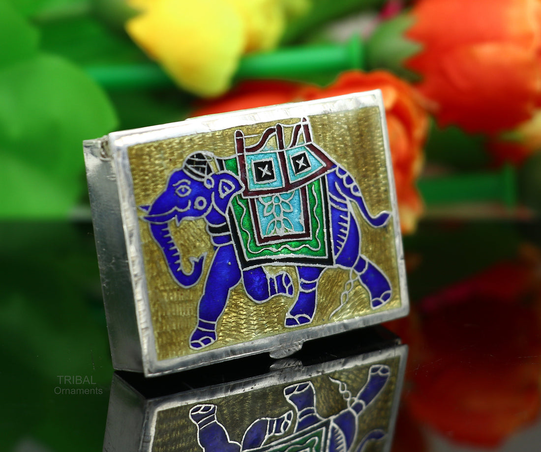 925 Sterling silver handmade trinket box, solid container box, casket box, sindoor box, enamel elephant work customized gifting box stb335 - TRIBAL ORNAMENTS