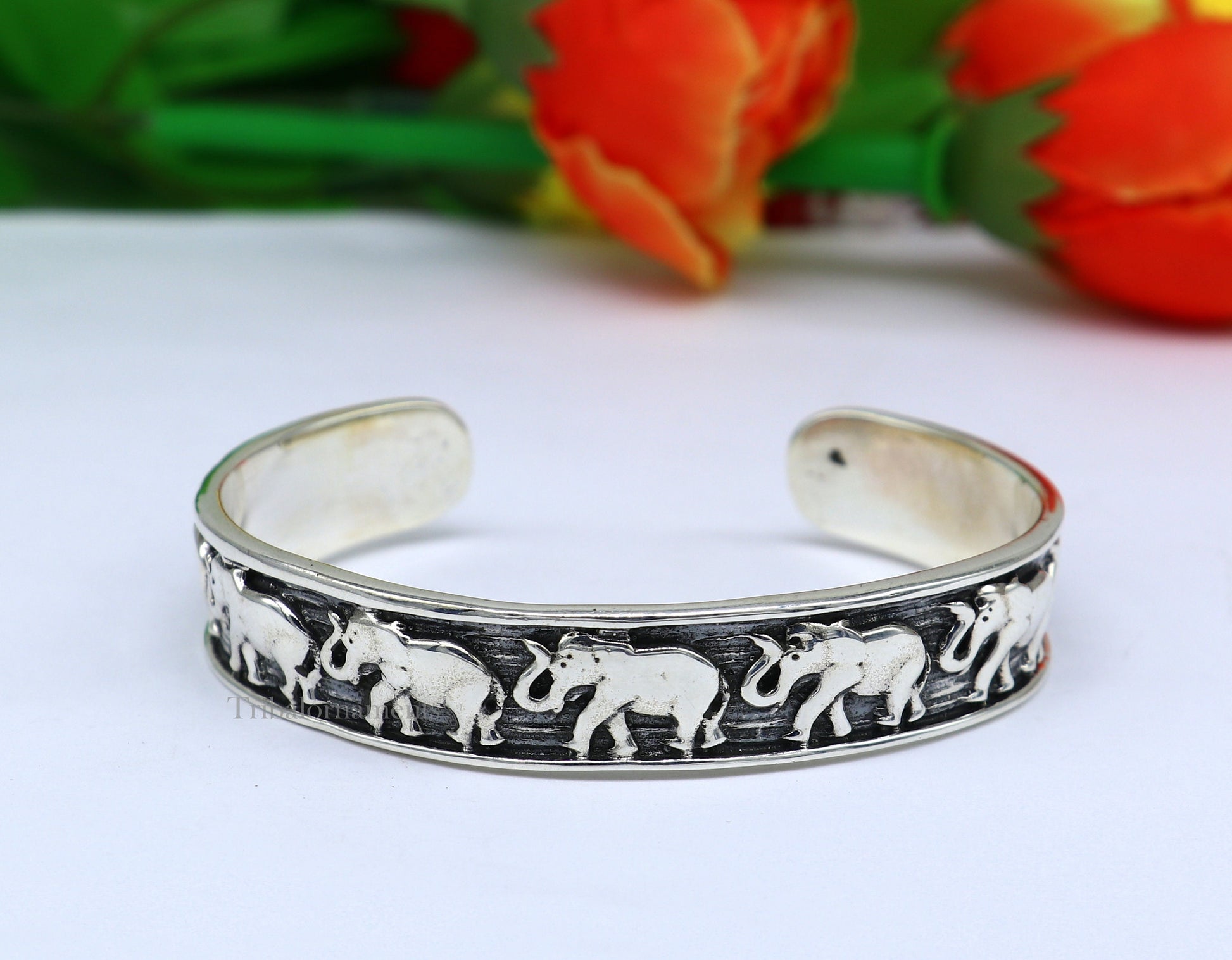 925 sterling silver unique style handcrafted adjustable elephant design cuff bangle bracelet, unisex gifting ethnic tribal jewelry nsk367 - TRIBAL ORNAMENTS
