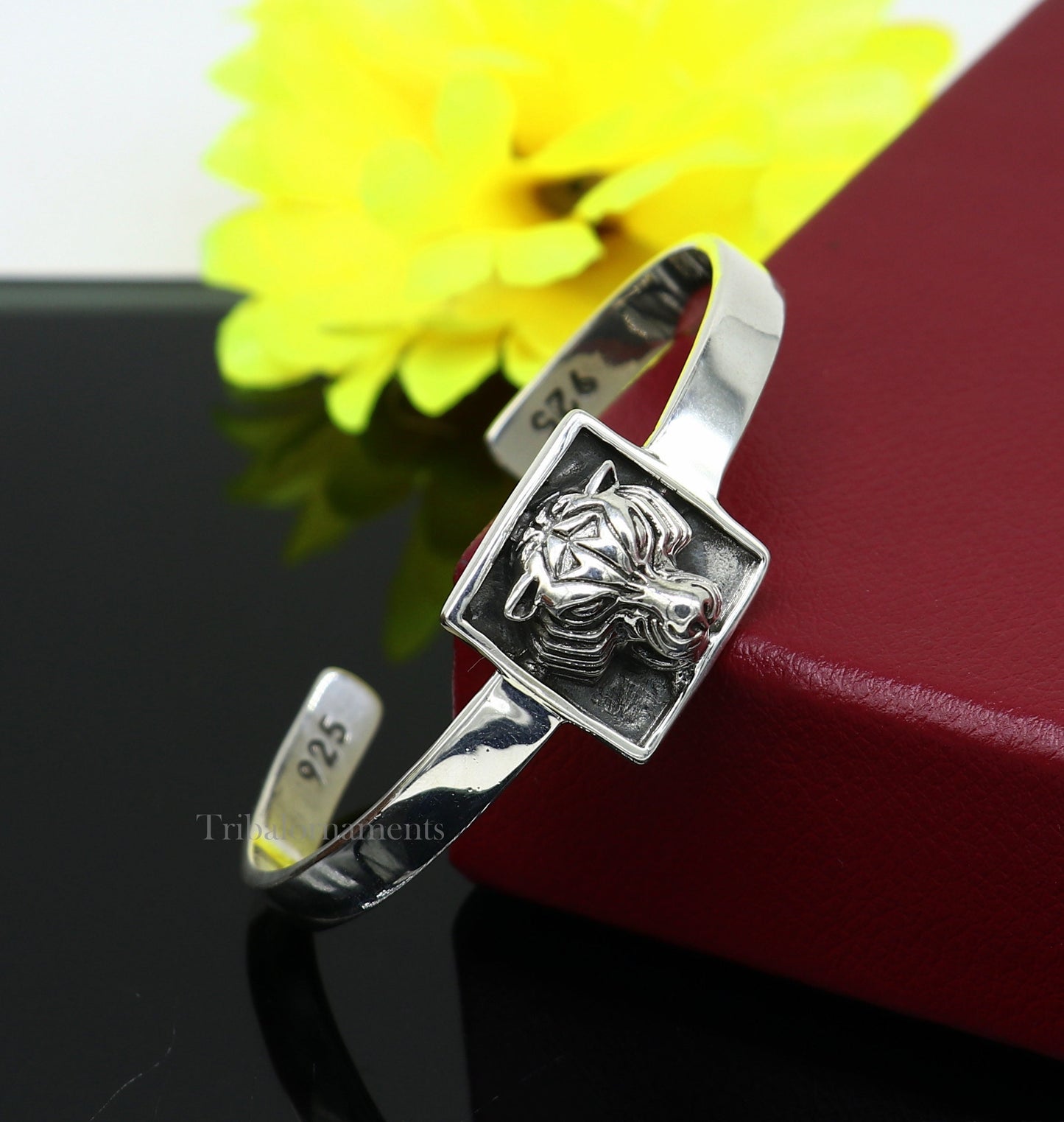 925 sterling silver handmade lion face design adjustable bangle cuff bracelet kada, best unisex gifting ethnic jewelry india nsk368 - TRIBAL ORNAMENTS