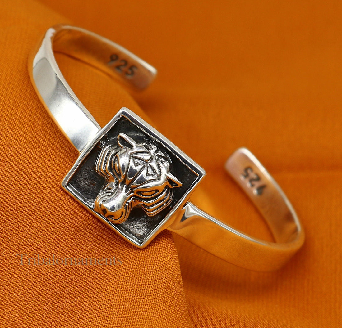 925 sterling silver handmade lion face design adjustable bangle cuff bracelet kada, best unisex gifting ethnic jewelry india nsk368 - TRIBAL ORNAMENTS