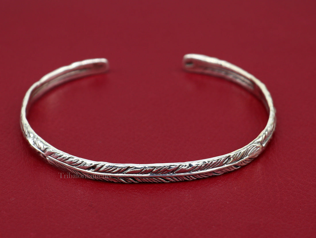 925 sterling silver vintage antique feather design handmade adjustable cuff bangle bracelet kada unisex men's or girl's jewelry nsk370 - TRIBAL ORNAMENTS
