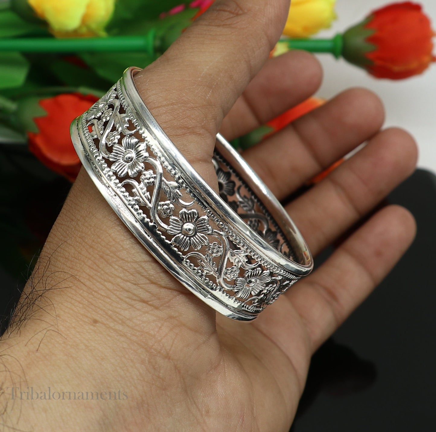 Floral style 925 sterling silver amazing customized bangle bracelet kada , best brides gifting ethnic stylish tribal jewelry ba118 - TRIBAL ORNAMENTS