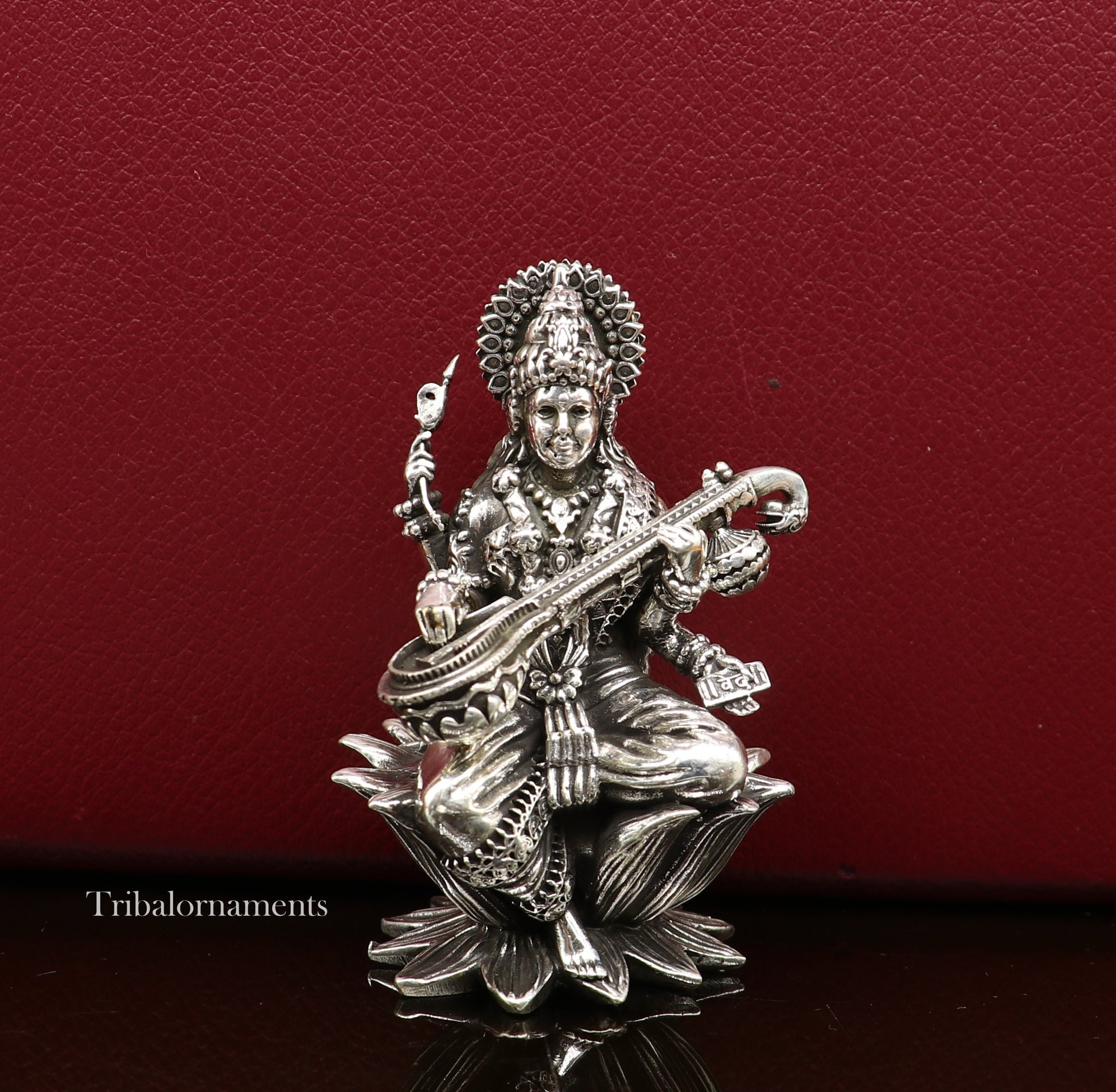 2.5" small 925 Sterling silver handmade customized Hindu idol Saraswati sharda maa statue, puja article figurine, home décor Articles art57 - TRIBAL ORNAMENTS