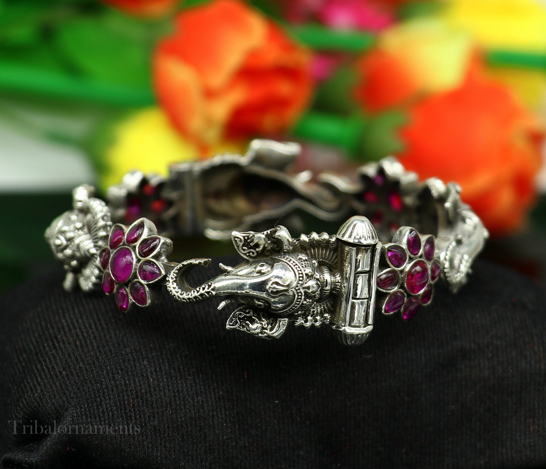 925 sterling silver idol Ganesha design bangle bracelet kada with amazing floral style red stone, best gifting ethnic jewelry ba120 - TRIBAL ORNAMENTS