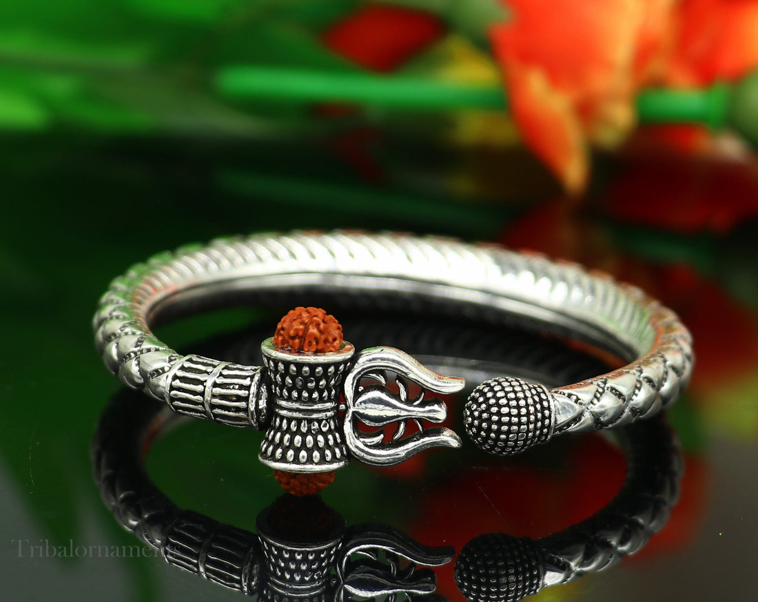 925 Sterling silver handmade chitai work Lord Shiva trident trishul kada bangle bracelet natural Rudraksha beads customized kada nsk380 - TRIBAL ORNAMENTS