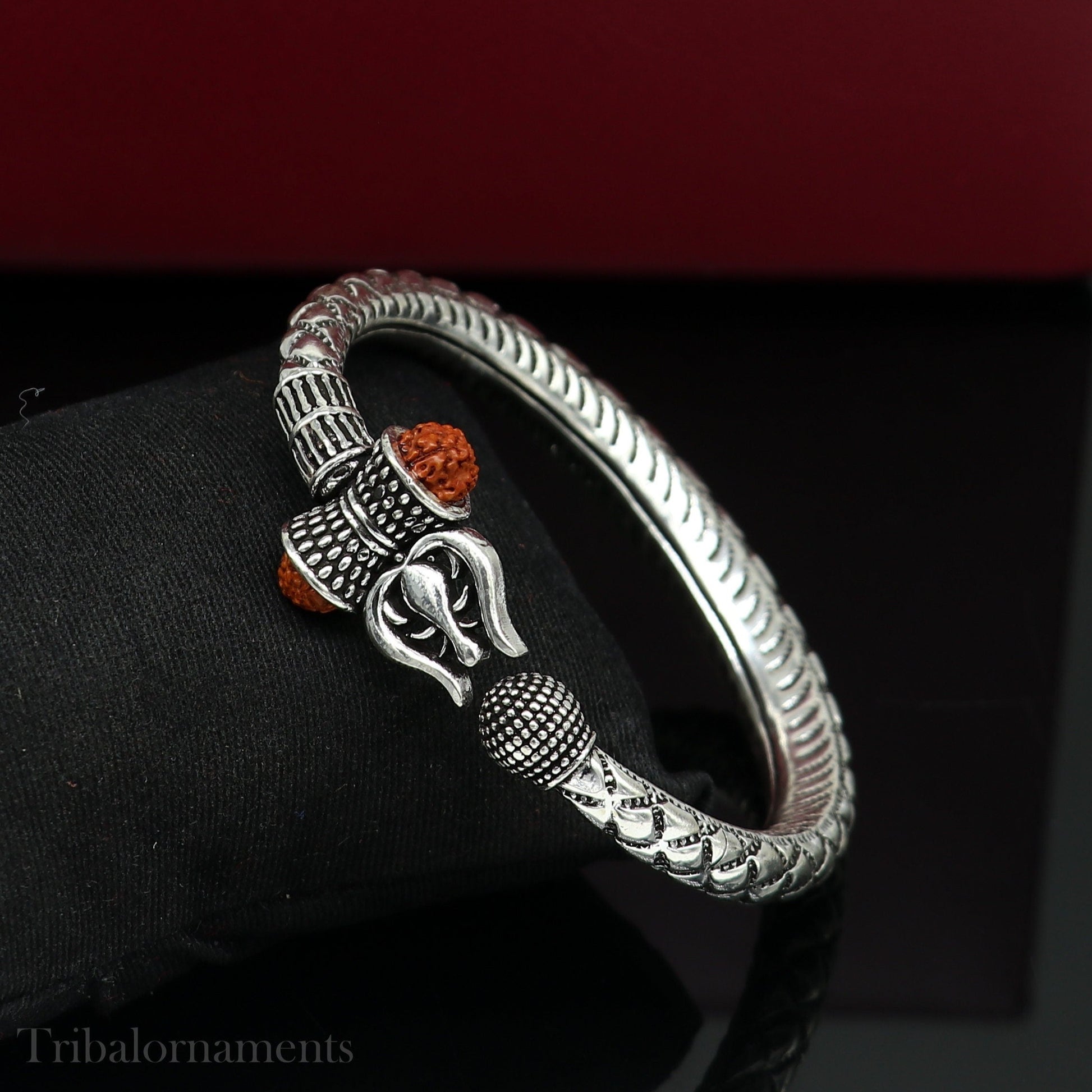 925 Sterling silver handmade chitai work Lord Shiva trident trishul kada bangle bracelet natural Rudraksha beads customized kada nsk380 - TRIBAL ORNAMENTS