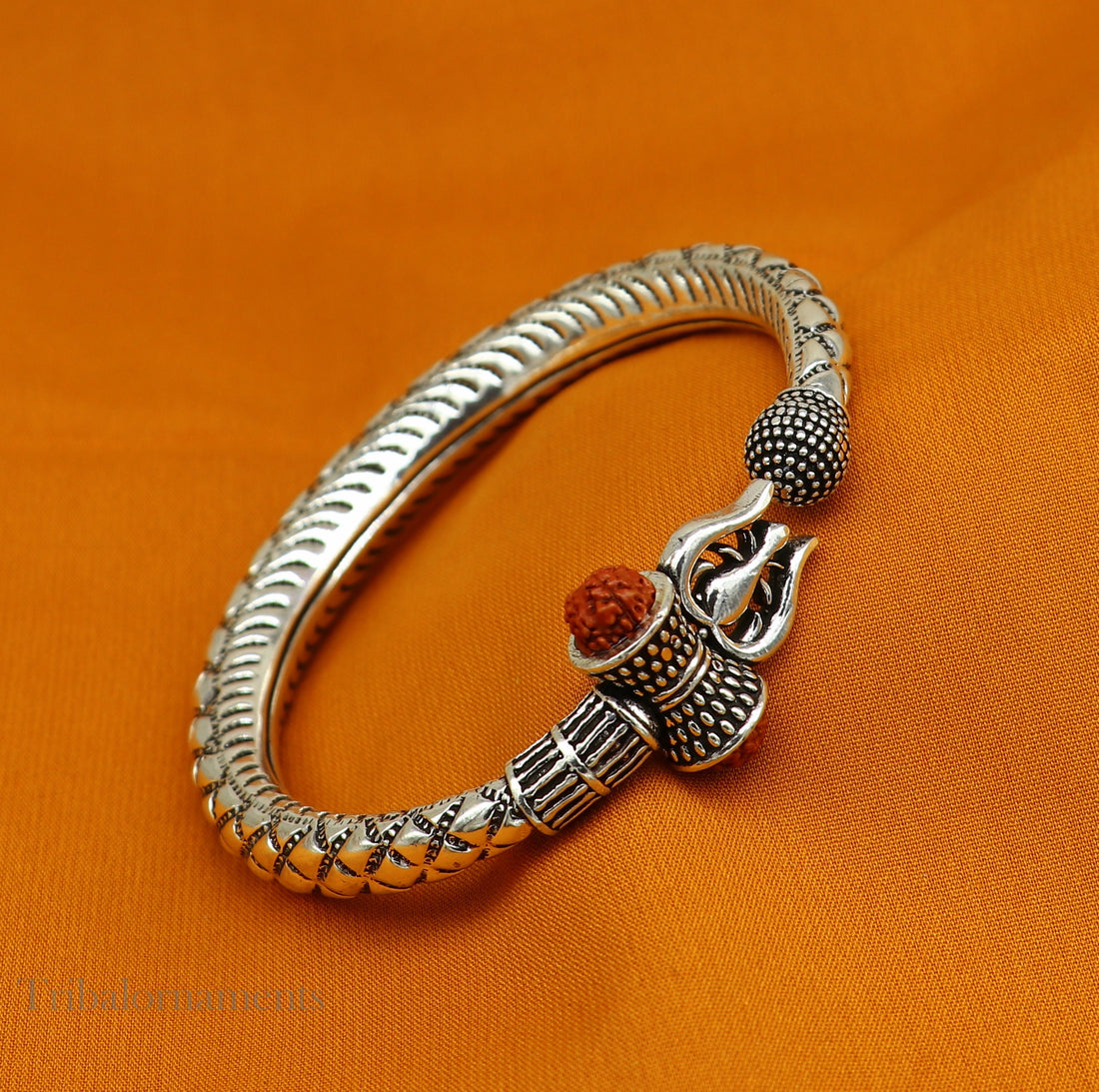 925 Sterling silver handmade chitai work Lord Shiva trident trishul kada bangle bracelet natural Rudraksha beads customized kada nsk380 - TRIBAL ORNAMENTS