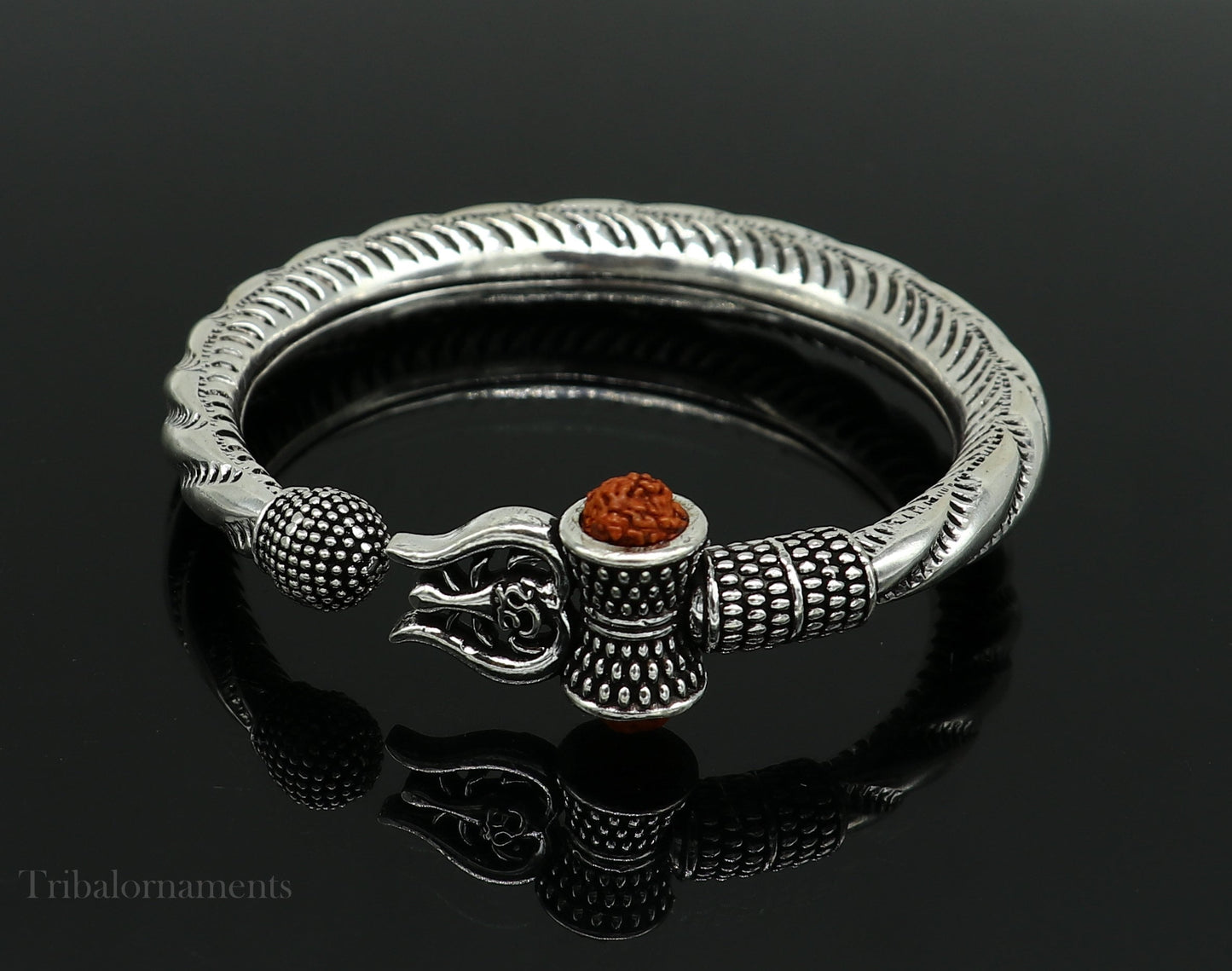 925 Sterling silver handmade Lord Shiva trident trishul trishool kada bangle bracelet with natural Rudraksha customized kada nsk381 - TRIBAL ORNAMENTS