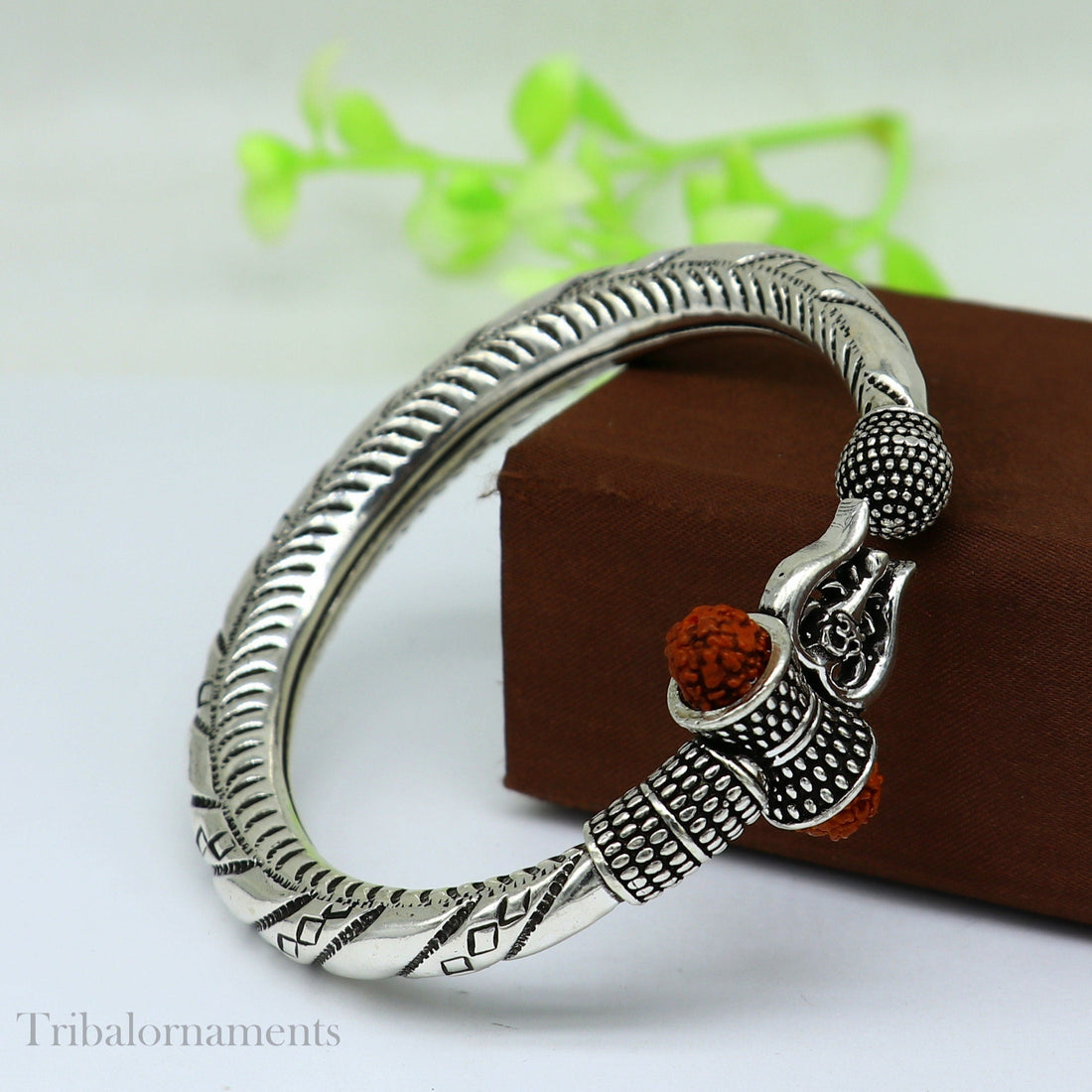 Divine Lord Shiva trident trishul trishool kada 925 Sterling silver handmade bangle bracelet with natural Rudraksha magical  kada nsk383 - TRIBAL ORNAMENTS