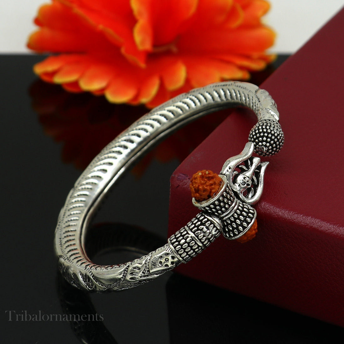 Lord Shiva trident trishul trishool kada 925 Sterling silver handmade bangle bracelet with natural Rudraksha magical Bahubali kada nsk384 - TRIBAL ORNAMENTS