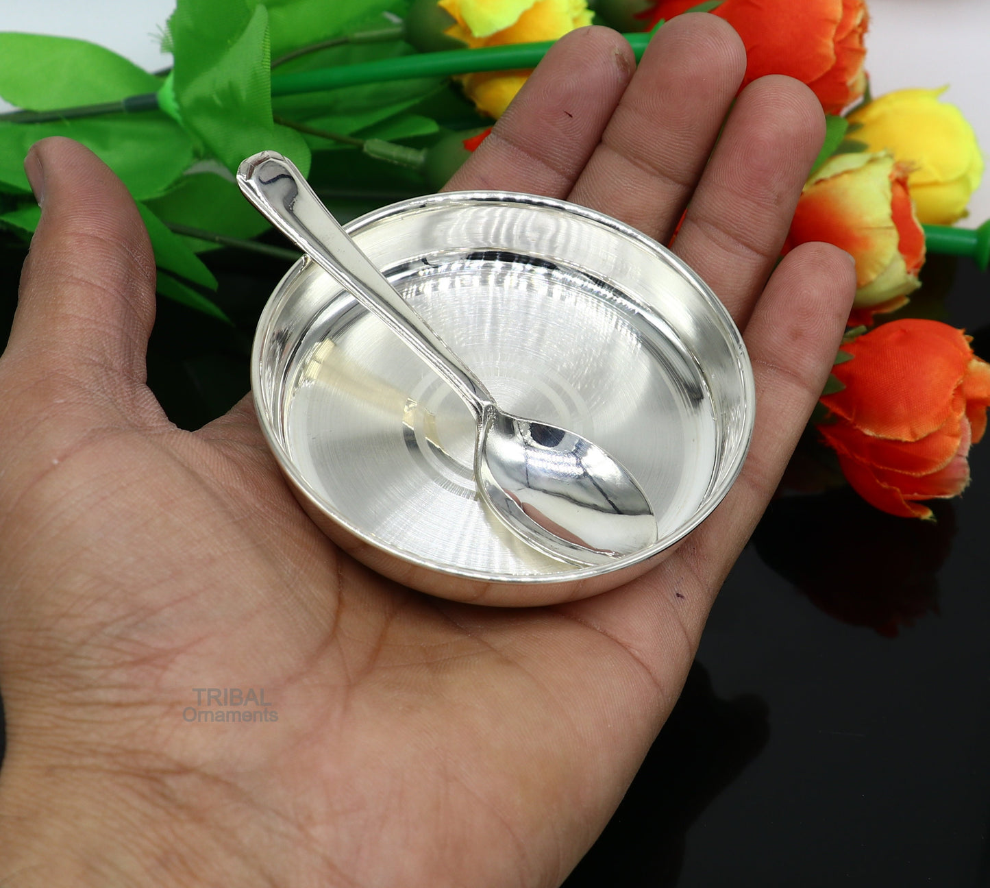 999 fine solid silver handmade plate/tray and spoon set for baby food serving, milk bowl silver utensils, home and kitchen accessories sv251 - TRIBAL ORNAMENTS