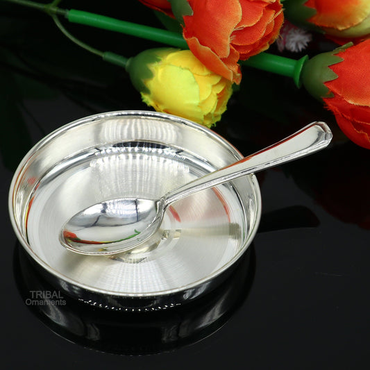 999 fine solid silver handmade plate/tray and spoon set for baby food serving, milk bowl silver utensils, home and kitchen accessories sv251 - TRIBAL ORNAMENTS