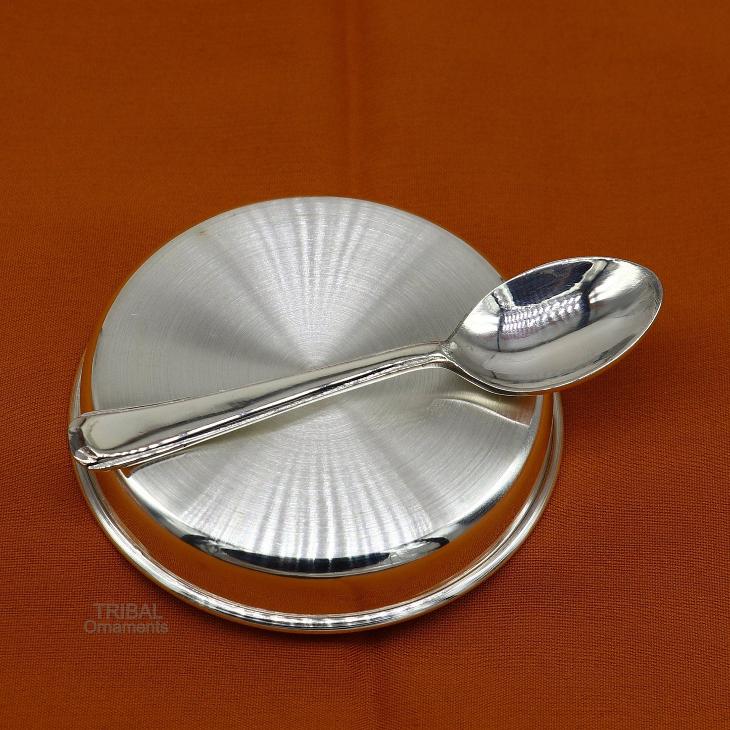 999 fine solid silver handmade plate/tray and spoon set for baby food serving, milk bowl silver utensils, home and kitchen accessories sv251 - TRIBAL ORNAMENTS