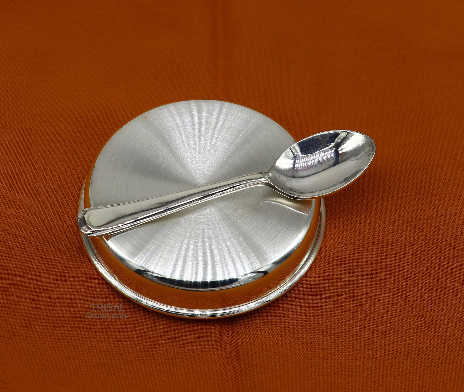 999 fine solid silver handmade plate/tray and spoon set for baby food serving, milk bowl silver utensils, home and kitchen accessories sv251 - TRIBAL ORNAMENTS