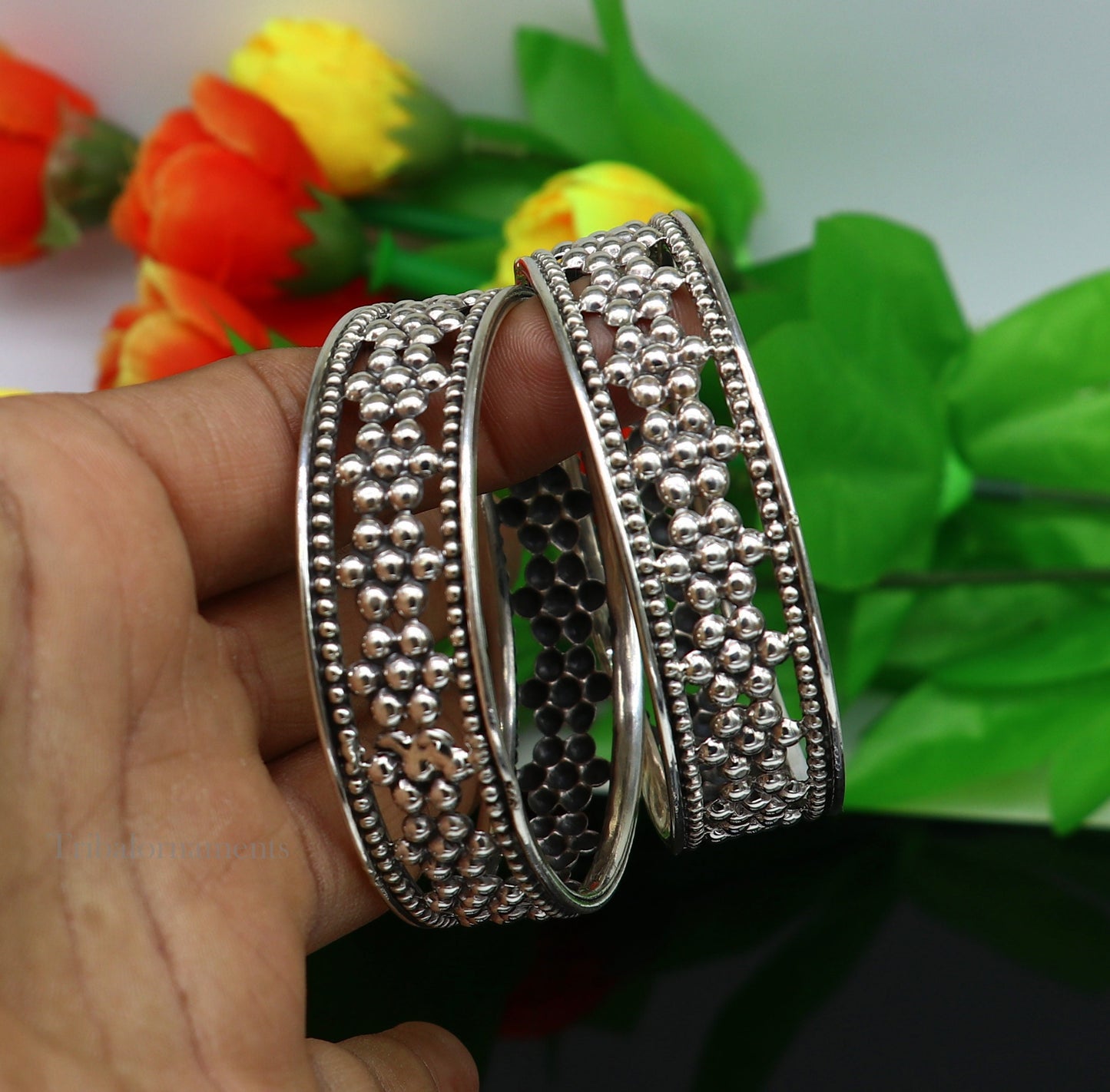 925 sterling silver flower design unique style handmade bangle bracelet , best brides collection wedding jewelry from india ba126 - TRIBAL ORNAMENTS