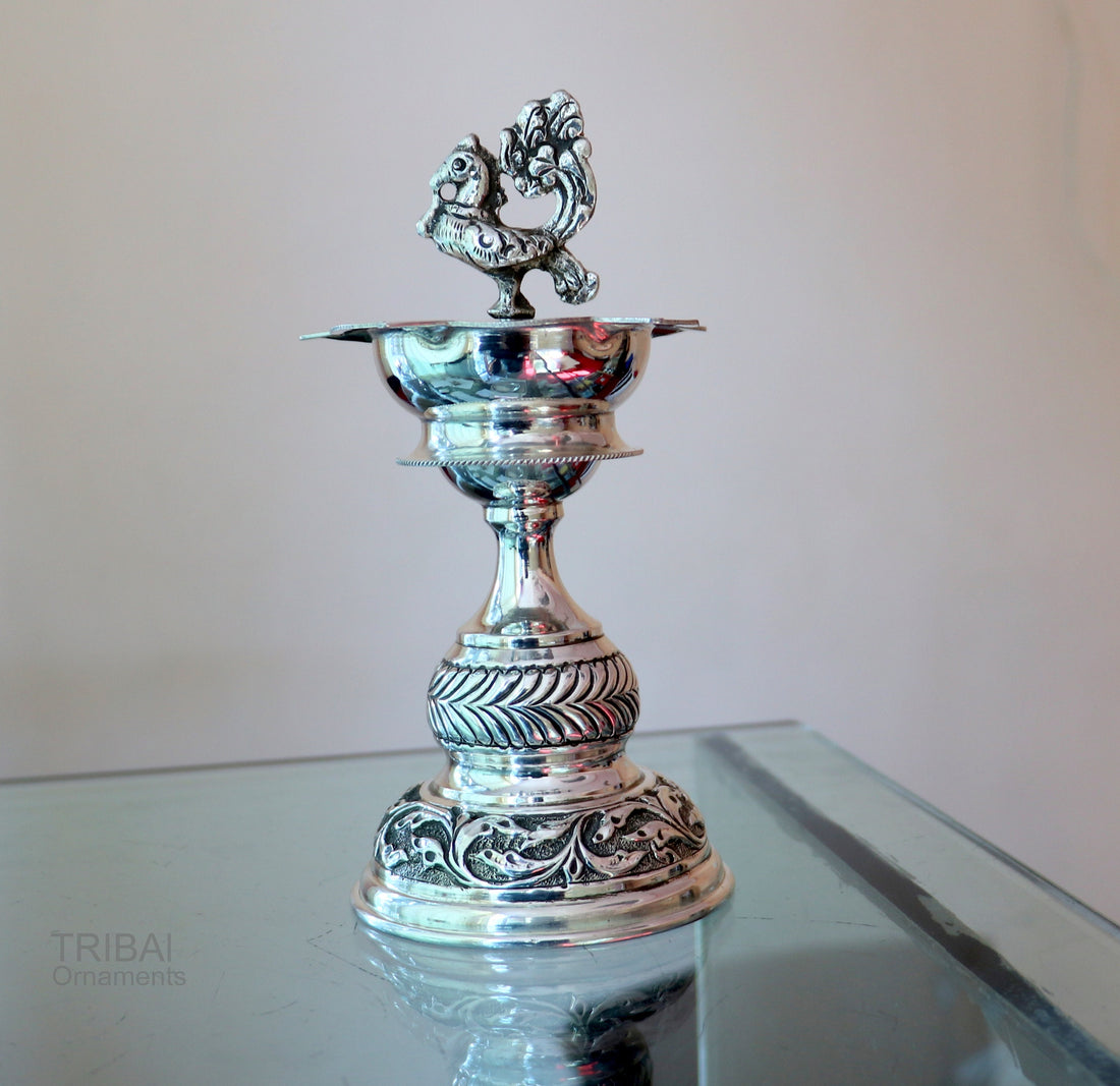 925 sterling silver handcrafted vintage work oil lamp or candle stand, silver Deepak, silver article, puja utensils, silver figurine su587 - TRIBAL ORNAMENTS