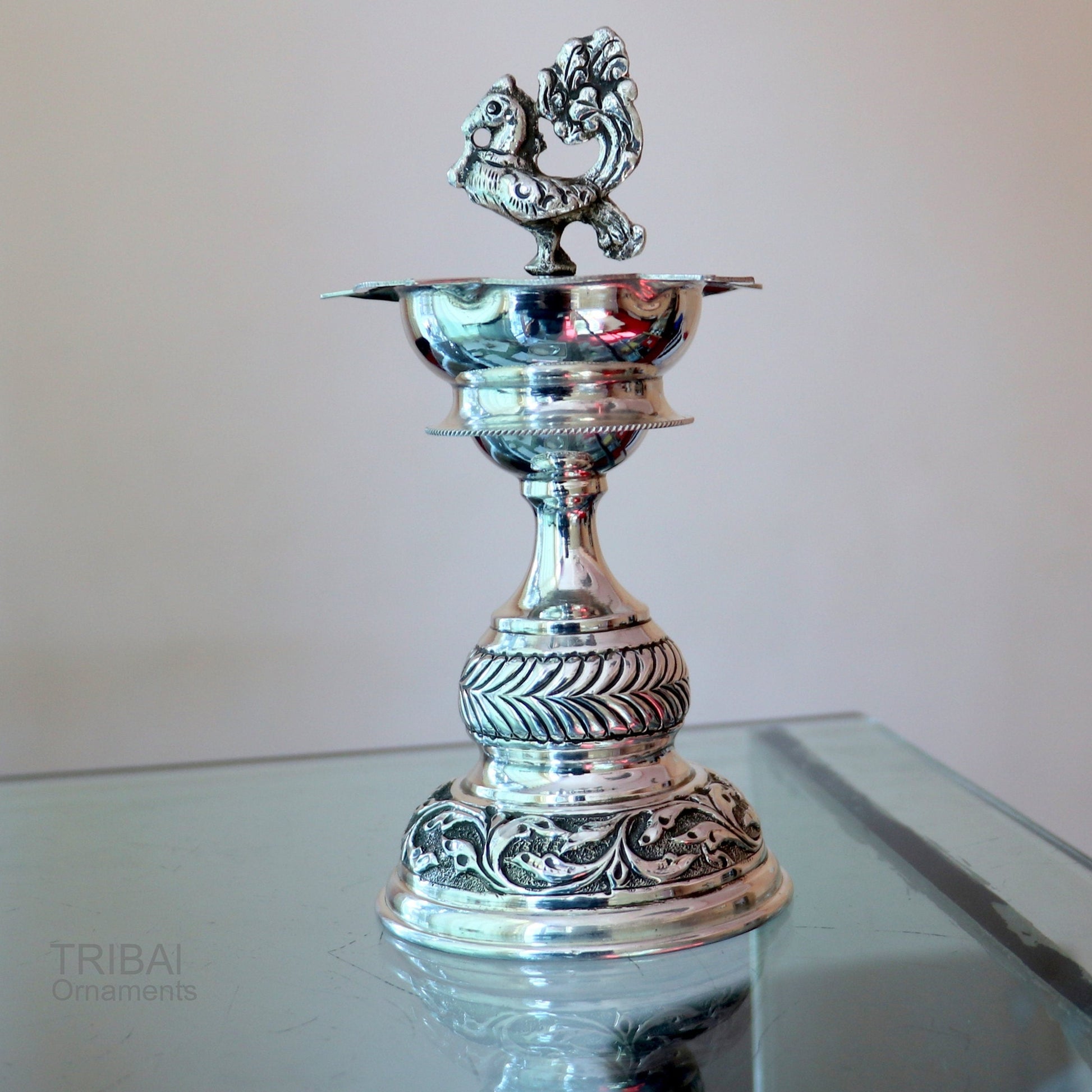 925 sterling silver handcrafted vintage work oil lamp or candle stand, silver Deepak, silver article, puja utensils, silver figurine su91 - TRIBAL ORNAMENTS