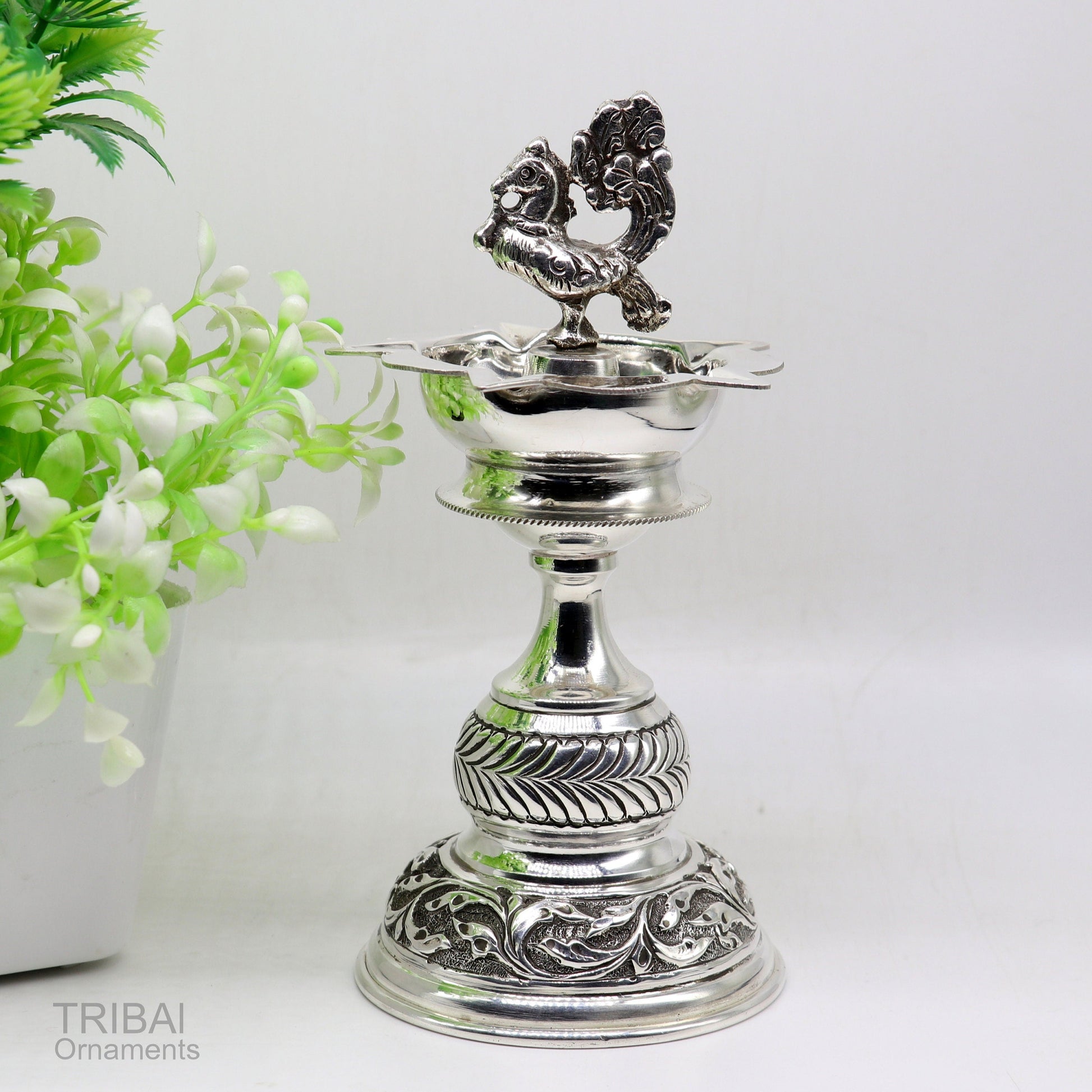 925 sterling silver handcrafted vintage work oil lamp or candle stand, silver Deepak, silver article, puja utensils, silver figurine su91 - TRIBAL ORNAMENTS