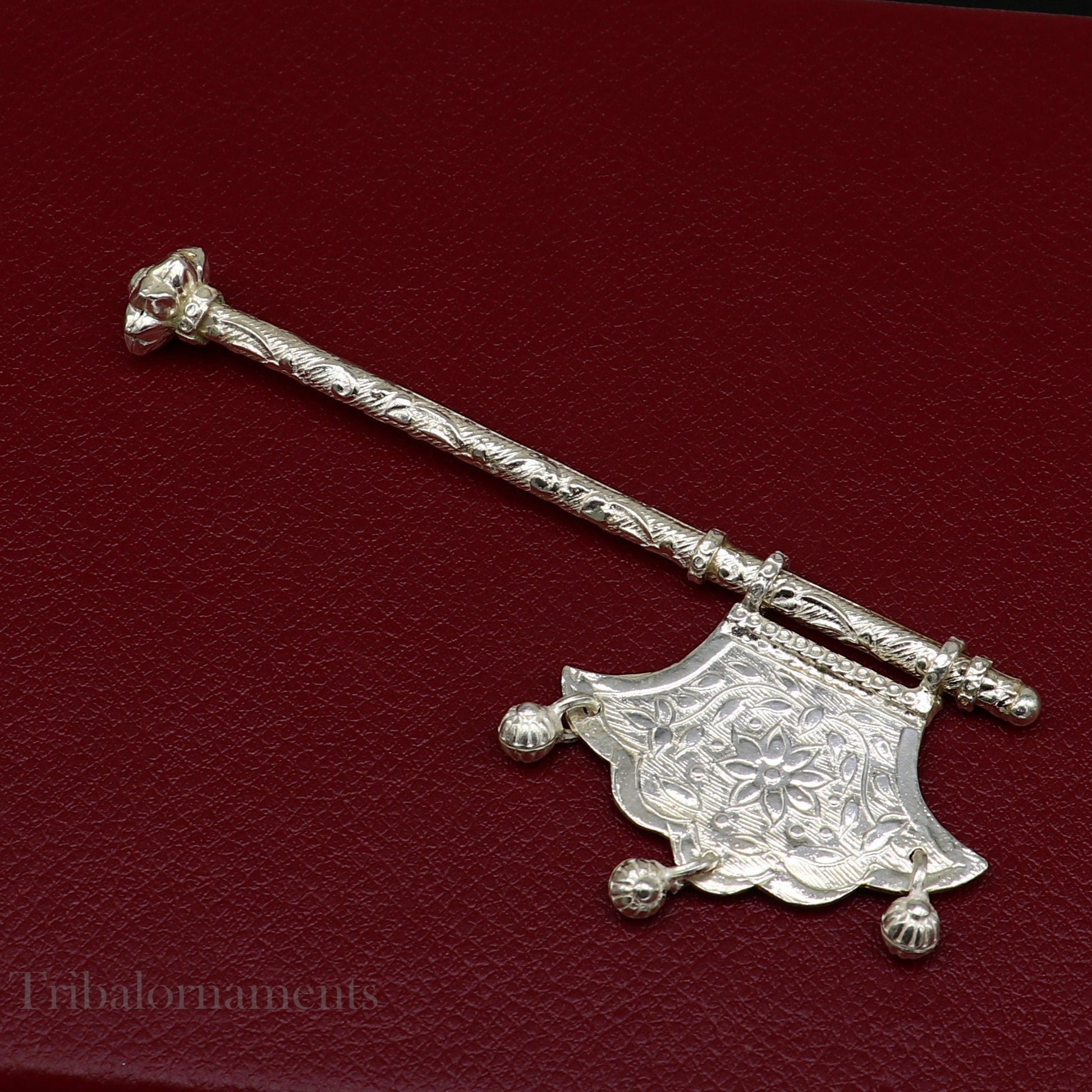 Solid silver pankhi, floral design small fan or pankhi for god puja, best gifting to laddu gopala krishna, silver hand driven fan su590 - TRIBAL ORNAMENTS